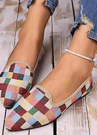 Нові текстильні різнокольорові балетки, тапочки, мокасини, принт в клітинку, золотиста смужка ззаду
