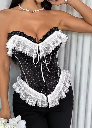 Корсет женский черный белый горошек рюши