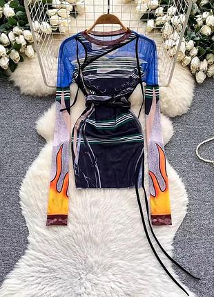 Полупрозрачное платье женское короткое яркое