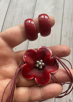 Вінтажні прикраси сережки кільця підвіска квітка червоні емаль