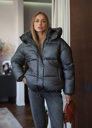 Пуховик зима зʼємний капюшон на мембрані графіт