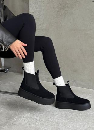 Женские зимние ботинки на платформе натуральная замша черные, замшевые женские угги 10817