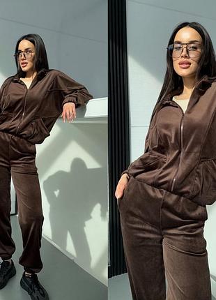 Женский велюровый спортивный костюм шоколад кофта на молнии и штаны теплый качественный