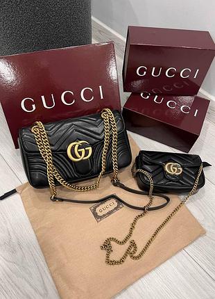 Женская черная сумка багет кожа премиум люкс бренд гучи marmont