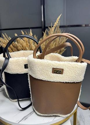 Кожаная коричневая черная сумка сумочка на плечо ugg тедди