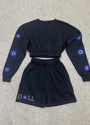 Теплый зимний прогулочный костюм трикотаж на флисе свтшот+ шорты xs-s