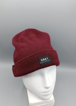Вязанная шапка obey vernon винно-красного цвета оригинал