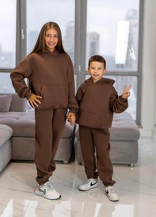 Теплий дитячий спортивний костюм шоколад хакі рожевий