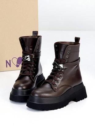 Натуральные кожаные зимние ботинки - берцы цвета шоколад на высокой подошве