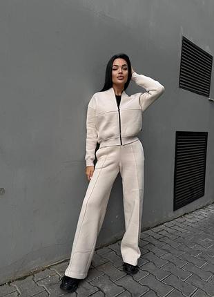 ‼️не кошлатиться‼️теплий костюм на флісі бомбер + штани палаццо тринитка бежевий, утеплений спортивний костюм без капюшону, 765