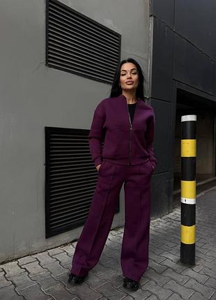 ‼️не кошлатиться‼️теплий костюм на флісі бомбер + штани палаццо тринитка фіолетовий, утеплений спортивний костюм без капюшону, 765