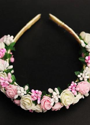 Обручи для девочки бело-розовый в украинском стиле с цветочками