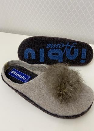 Жіночі повстяні тапочки inblu,бежеві,натуральний хутряний помпон.