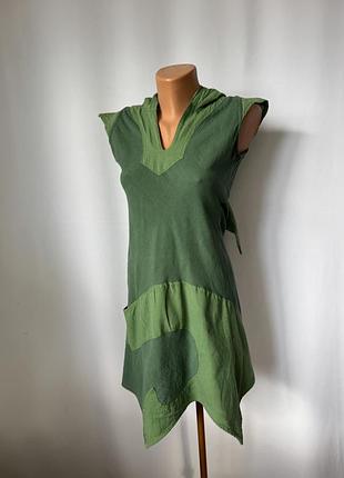 Зеленое платье этно бохо с капюшоном острокоречным эльф эльфийское туника робин гуд creation эльфийка