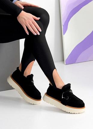 Лоферы утепленные женские замша мех черный 25720