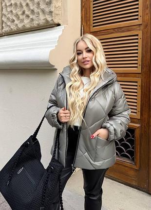 Демисезонная женская курточка с капюшоном, куртка оливкового цвета 🌿