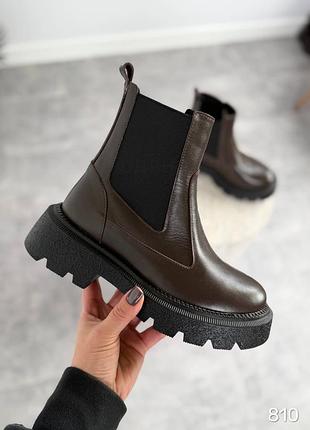 Теплі зимові черевики челсі жіночі натуральна шкіра набивна вовна колір шоколад