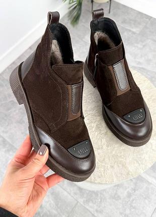 Трендова жіноча модель преміум якості зимові короткі черевики натуральна шкіра замш вовна