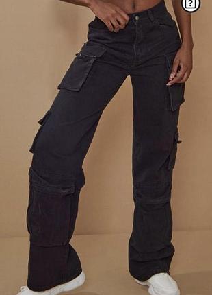Штани джинси карго прямі широкі стилізовані  з карманами по боках чорні середня посадка чорні у2k bershka 32