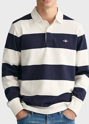 Шикарний лонгслів поло gant shield barstriped heavy rugger long sleeve navy/white