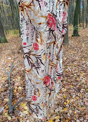 Шовковий шарф японія ,східний китайський шовк, шарф з китицями двошаровий бежевий в акарельний принт