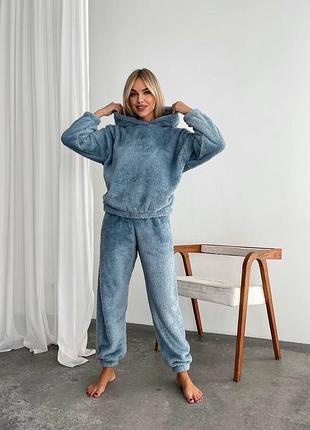Махрова тепла піжама сіро-блакитна (джинс) «ведмедик» кофта з капюшоном + штани 1564
