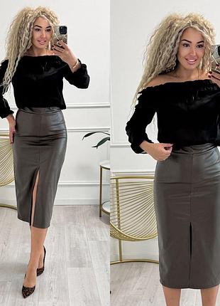 Юбка экокожа на замше ниже колена с разрезом впереди 40-52 р-р
