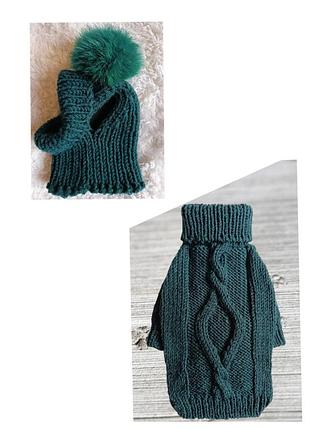 Комплект свитер + шапка (длина 29-30 см) на собачку в цвете изумруд, полушерсть и натуральный мех