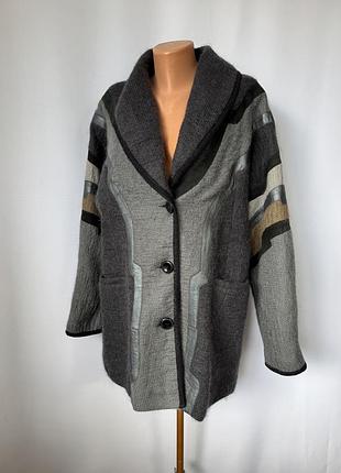 Винтаж 80е 90е куртка кофта мохер brown leader вязаная на подкладке с отделкой из замши серая на пуговицах теплая