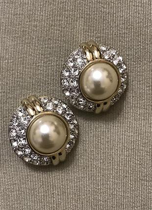 Розкішні кліпси  з перлиною і кристалами
