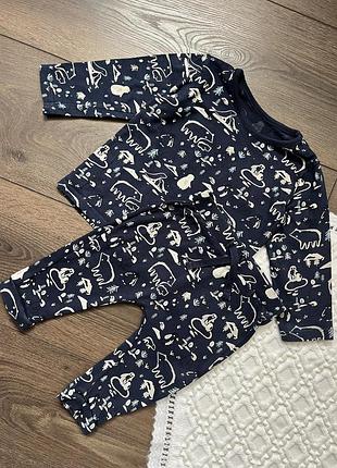 Темно синій костюм комплект для хлопчика 6-9 міс 74 см штани на резинці кофта лонгслів з зимовим мотивом ведмідь пінгвін