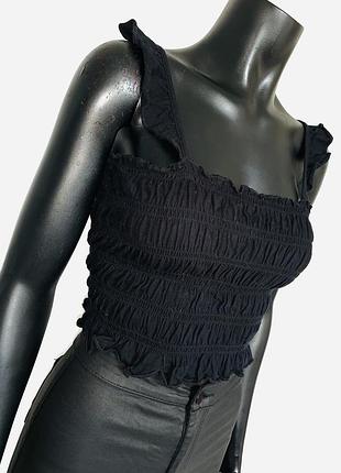 Топ женский чёрный primark из 100% хлопка рифлёный с воланами на бретелях