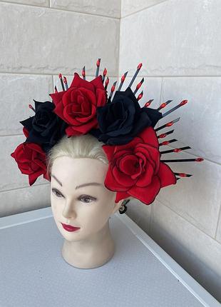 Вінок віночок обруч ободок голову червоний чорний червоними чорними квітами венок веночек красный черный красными черными цветами