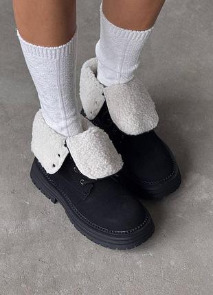 Чорні натуральні замшеві зимові черевики з відворотом на шнурках шнурівці товстій підошві замша зима