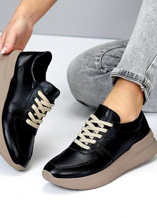 Повседневные женские кожаные черные кроссовки осенние натуральная кожа весна осень