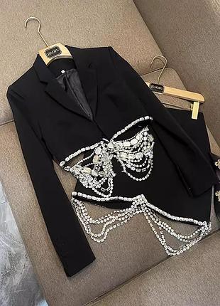Костюм з спідницею вечірній з кристалами піджак жакет юбка міні