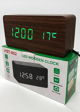 Электронные часы vst-862-4, с датчиком температуры, будильник, питание от usb. цвет: коричневый-зеленый