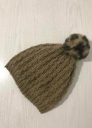 Шапка косы с бомбоном леопардовый принт