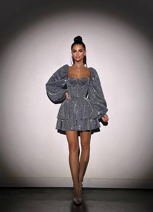 ❗ексклюзив❗праздничное корсетное сияющее блестящее платье бюстье с пышной юбкой и рукавами фонариками блестки