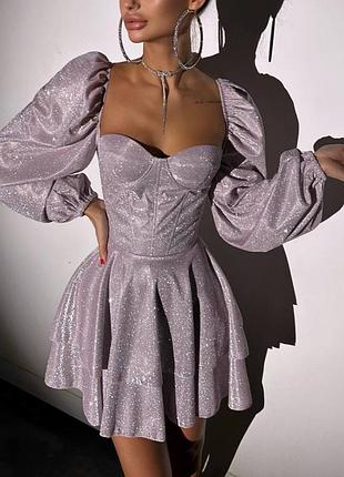 ❗ексклюзив❗праздничное корсетное сияющее блестящее платье бюстье с пышной юбкой и рукавами фонариками блестки