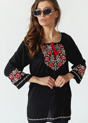 Блуза вишита трояндові роси (штапель чорний)
