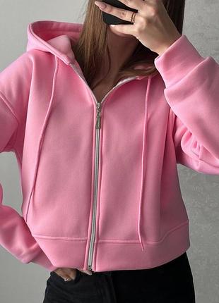 Худи на молнии с капюшоном, однотонная спортивная кофта на флисе, кофта утеплена на молнии с капюшоном, спортивная кофта укорочена на молнию