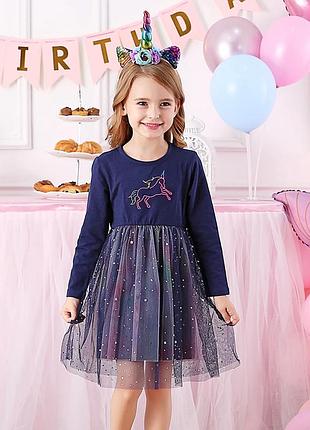 Праздничное нарядное платье для девочки, юбка с фатином, длинный рукав, единорог, 20499