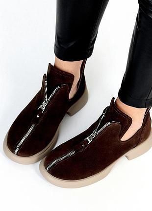 Удобные замшевые женские коричневые туфли на каблуке осенние натуральная замша весна осень