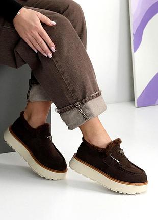 Элегантные коричневые женские угги зимние теплые на меху натуральный мех зима