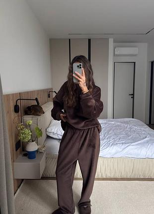 Повседневный брючный костюм брюки высокая посадка на резинке худи капюшон манжеты велюр бархат на флисе флис