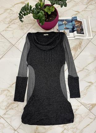 Жіноча тепла сіра вовняна сукня-туніка з довгим рукавом і складками