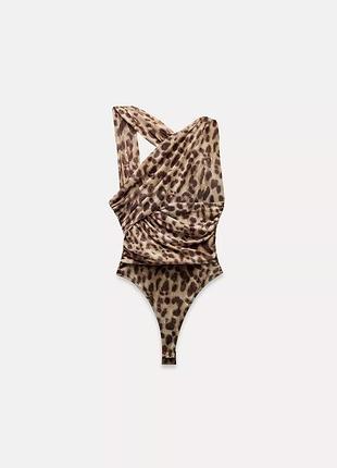 Боді сітка леопардовий асиметричне бежеве коричневе принт
