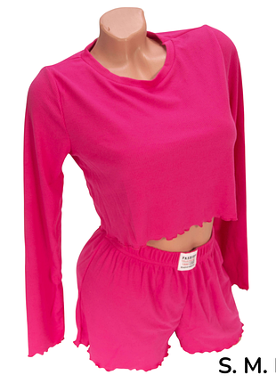 Жіночий комплект із топом і шортами (чорний, рібана, довгий рукав)