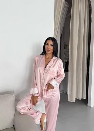 Пижама домашний брючный костюм комплект сатин элегантная рубашка штаны на резинке карман принт в клетку манжеты